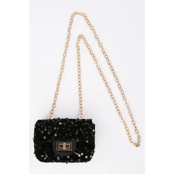 Black mini sequin bag for girls with gold chain, elegant sparkly kids' purse
