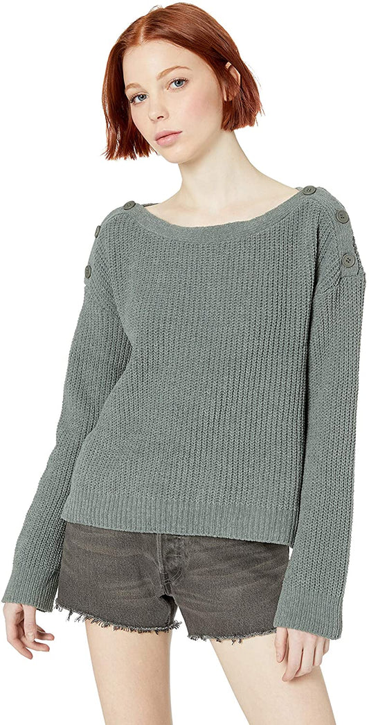 Olive Chenille Sweater with Button Shoulder Detail
