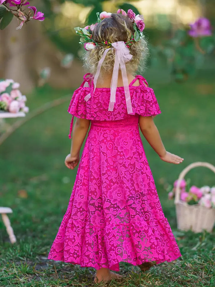 Girls' Pink Floral Lace Hi Lo Cold Shoulder Maxi