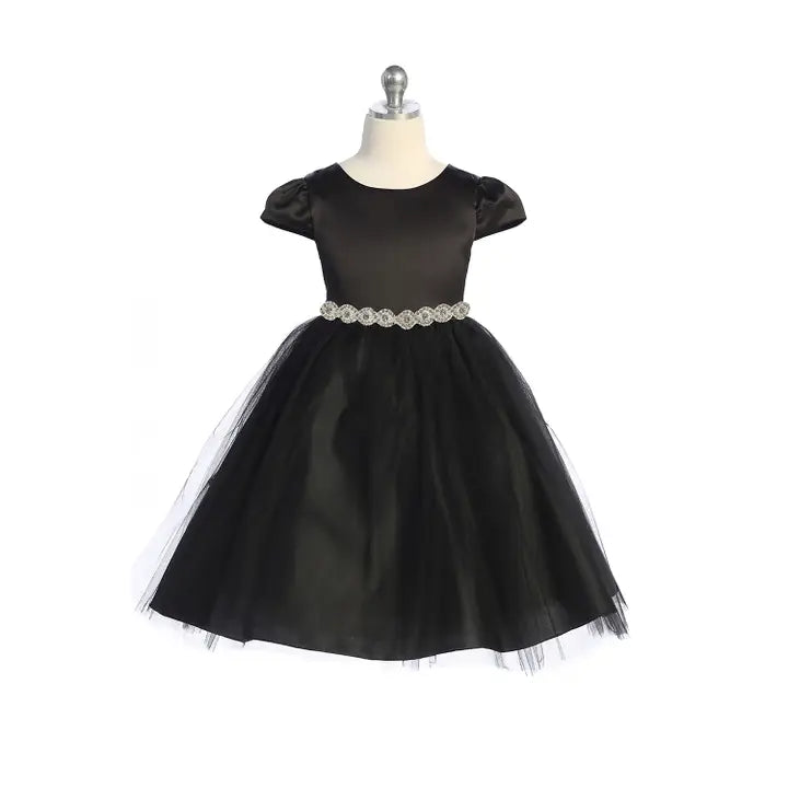 Girls' Capped Sleeve Satin Rhinestone Tulle Dress