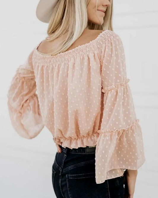 Swiss Dot Off-Shoulder Puff Sleeve Crop Top - Peach Mommy & Me