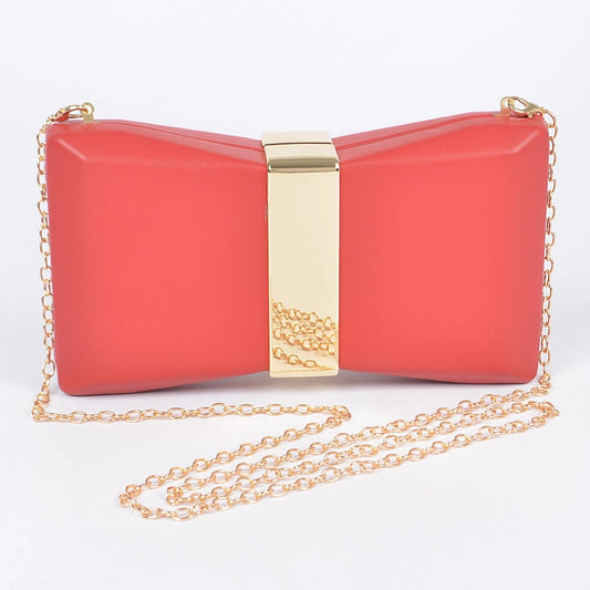 Red ribbon bow evening clutch with detachable gold chain strap