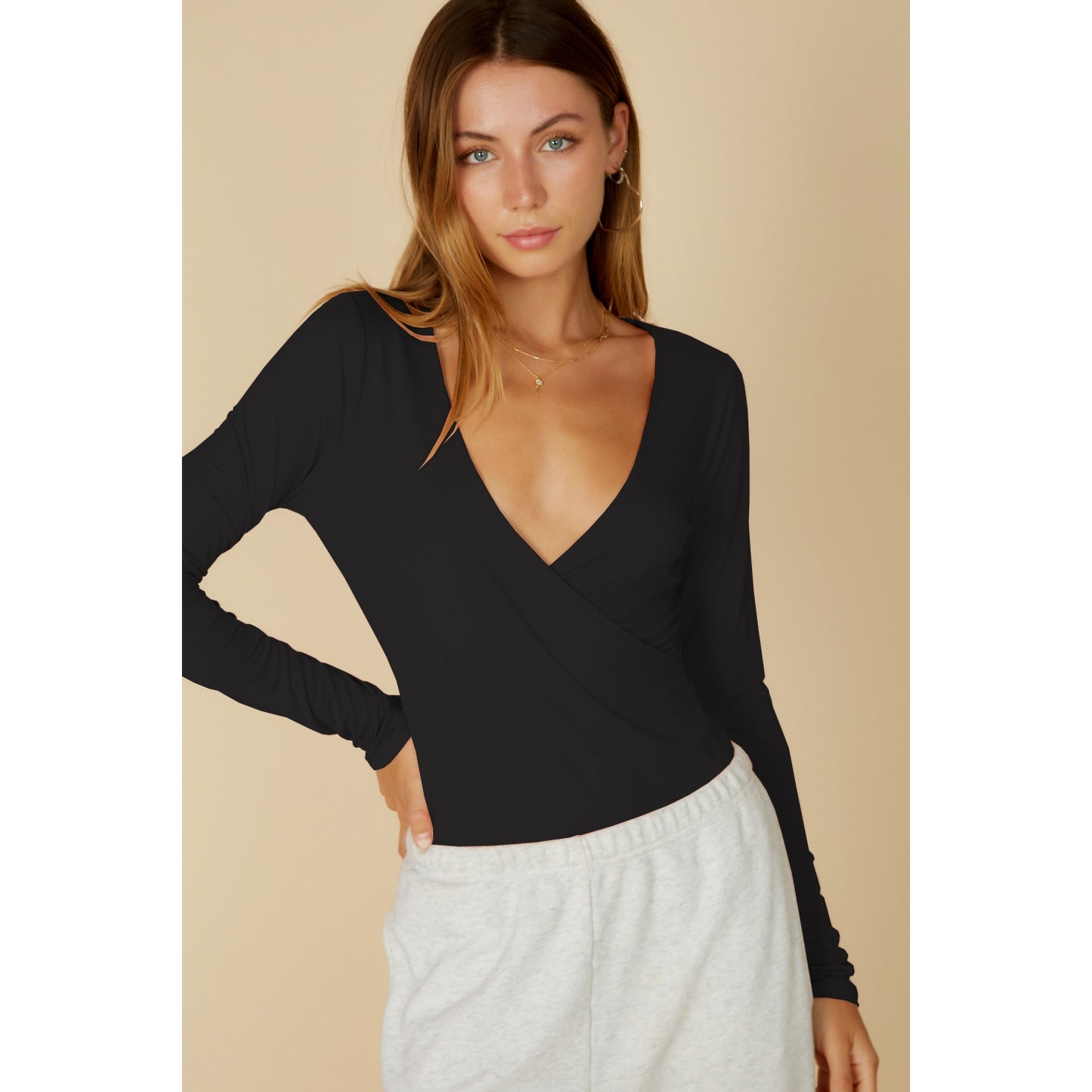 Surplice Long Sleeve Bodysuit Black