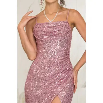 Spaghetti Strap Drape Neck Sequin Gown