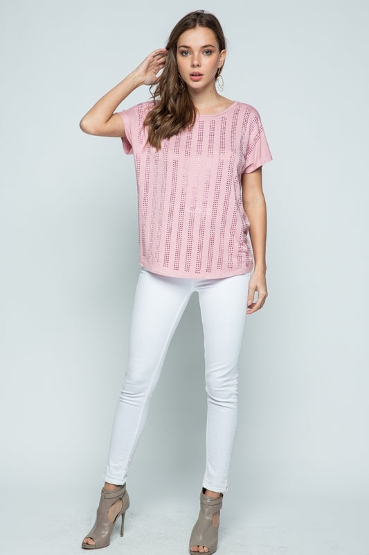 Super Soft Pink Short Sleeve Top with Vertical Rhinestones