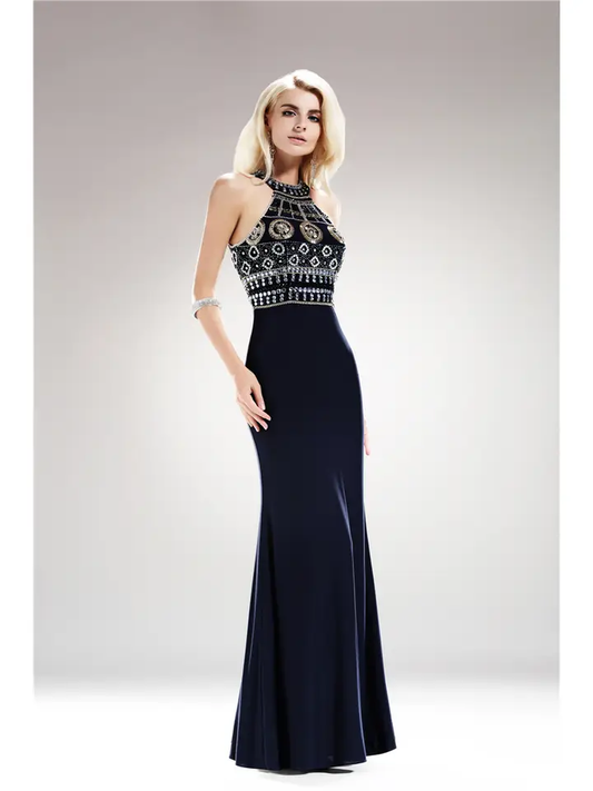 Rhinestone/Bead Embellished Halter Formal Gown Black