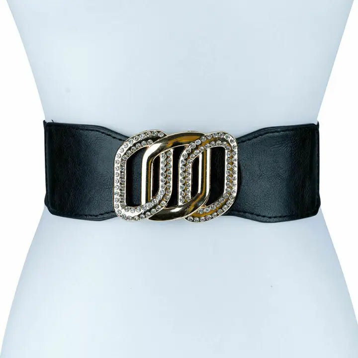 Triple Buckle Faux Leather Patch Stretch Belt