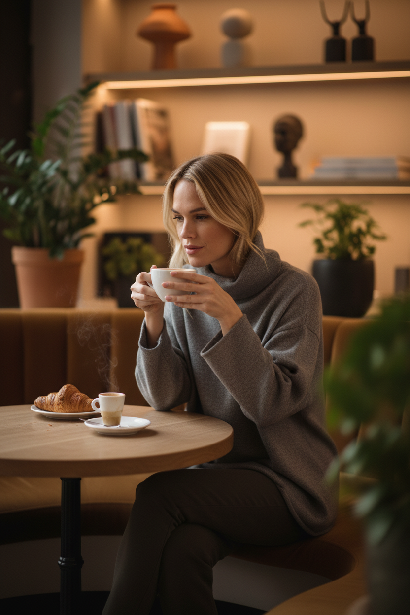 Woman in heather grey drop shoulder turtleneck sweater styled with dark pants