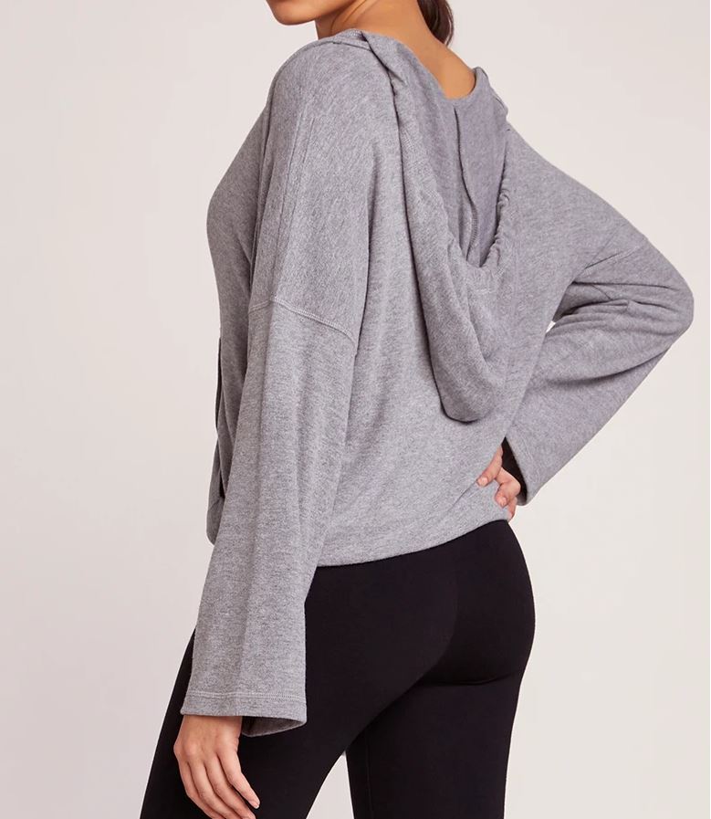 Gray Hoodie Top with Drawstring Hem - Relaxed V-Neck Pullover