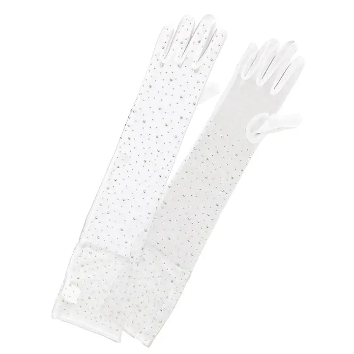 Narrow Mesh Rhinestone Above Elbow Length Gloves White