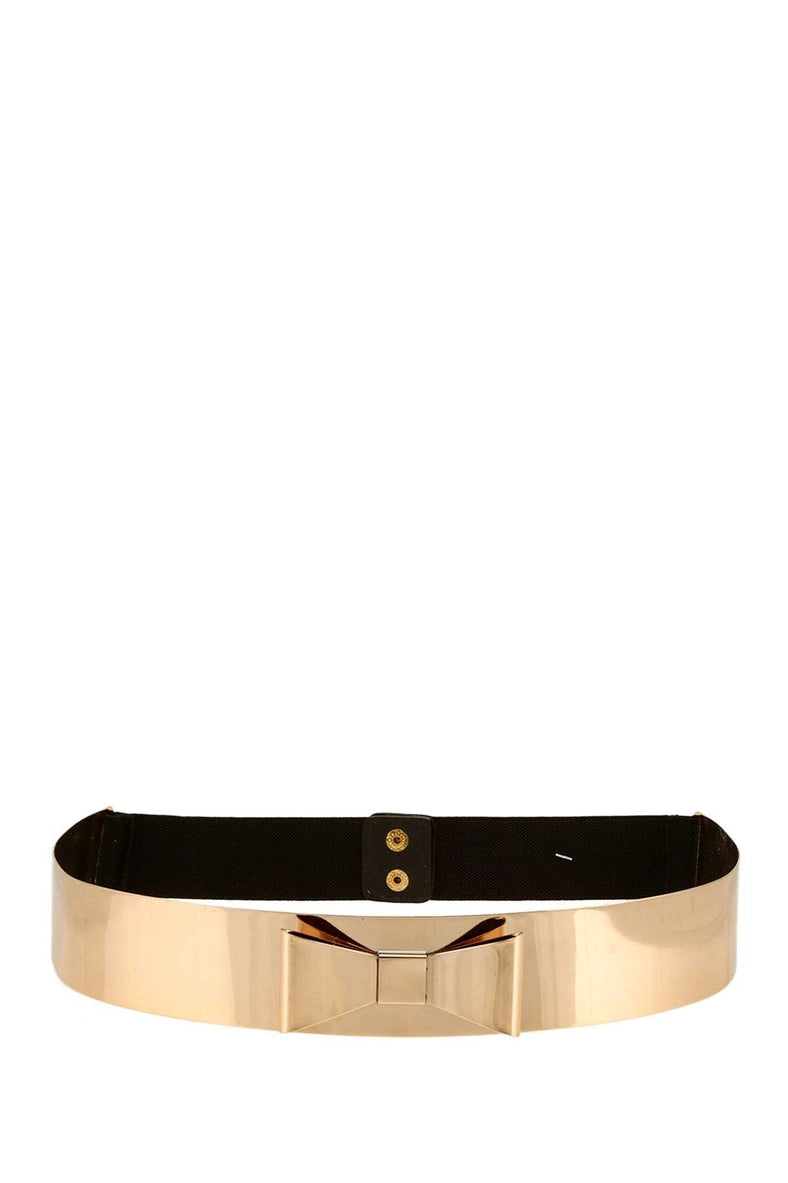 Gold metal ribbon bow belt with 2-inch wide front plate and black stretch elastic back