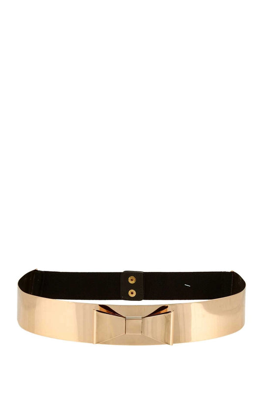 Gold metal ribbon bow belt with 2-inch wide front plate and black stretch elastic back