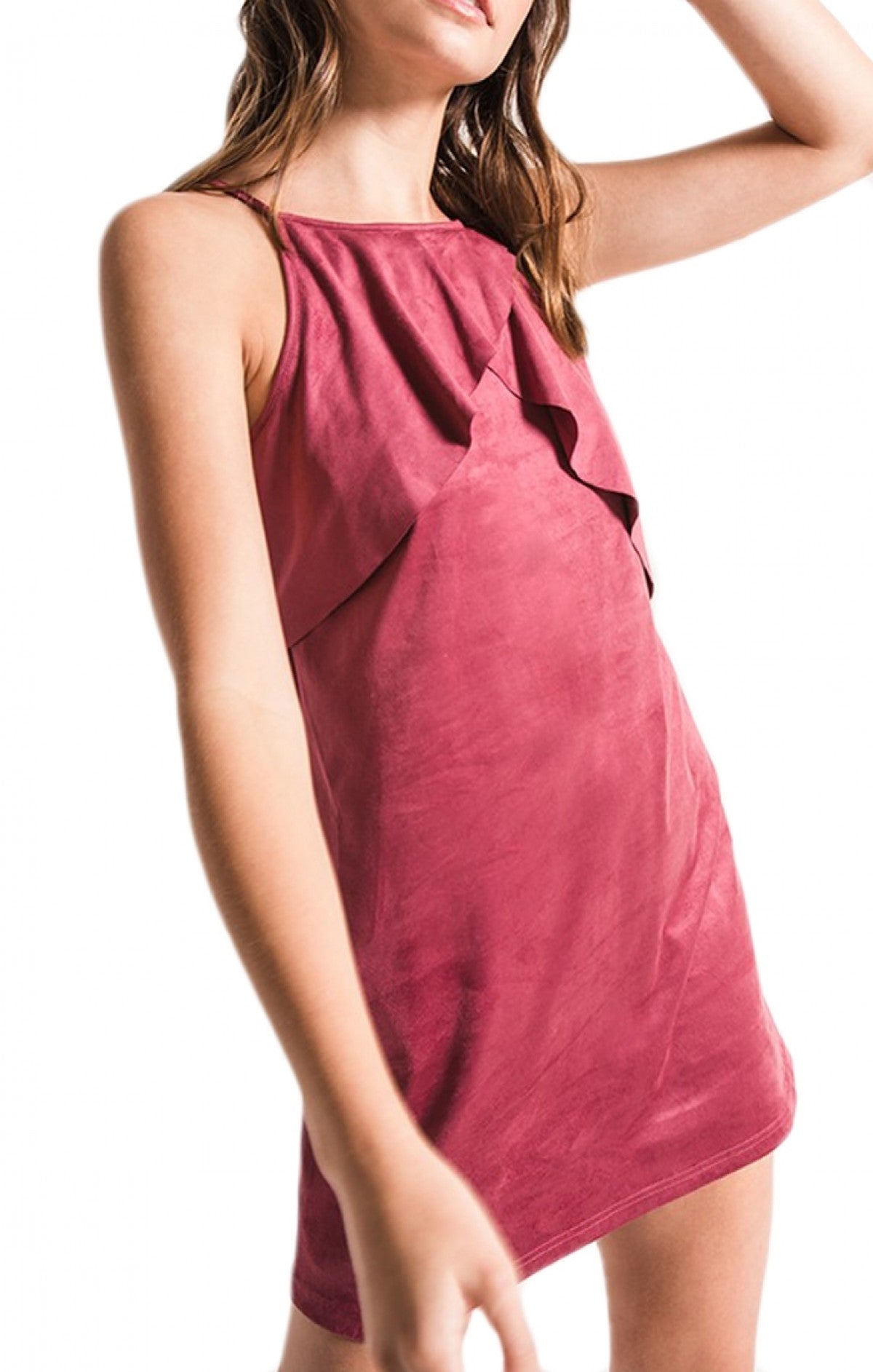 Maroon Ruffle Front Suede Dress