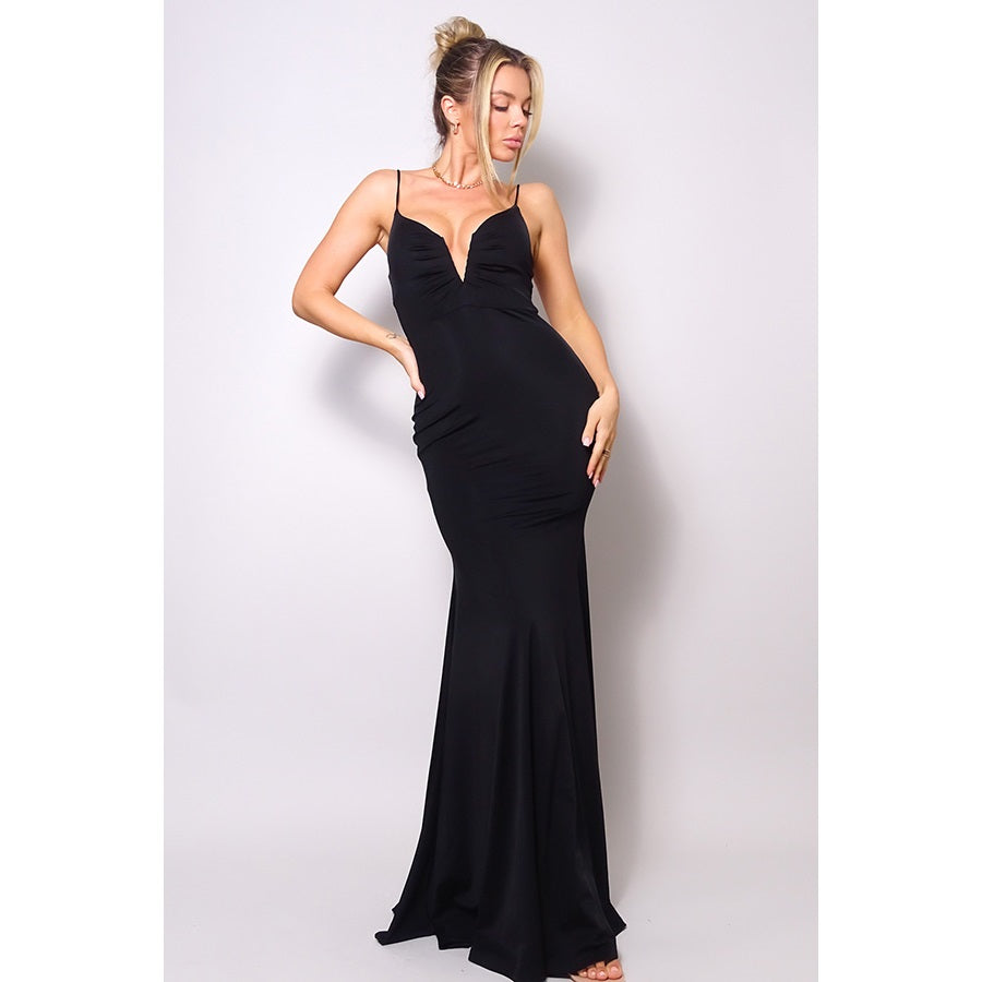 Ruched Deep V Spaghetti Strap Gown