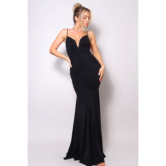 This image displays a sophisticated and elegant ruched deep V spaghetti strap gown. The gown features a plunging deep V-neckline and slender spaghetti straps, creating an elegant silhouette.