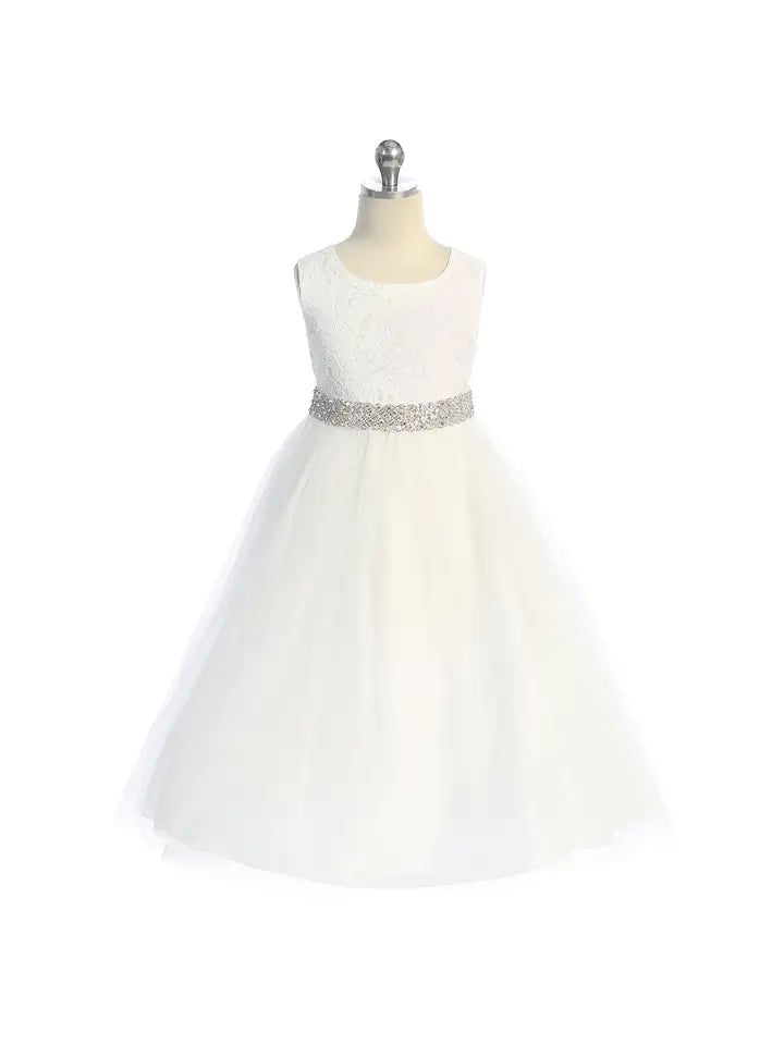 Front view of white flower girl dress with lace bodice and voluminous tea-length tulle skirt