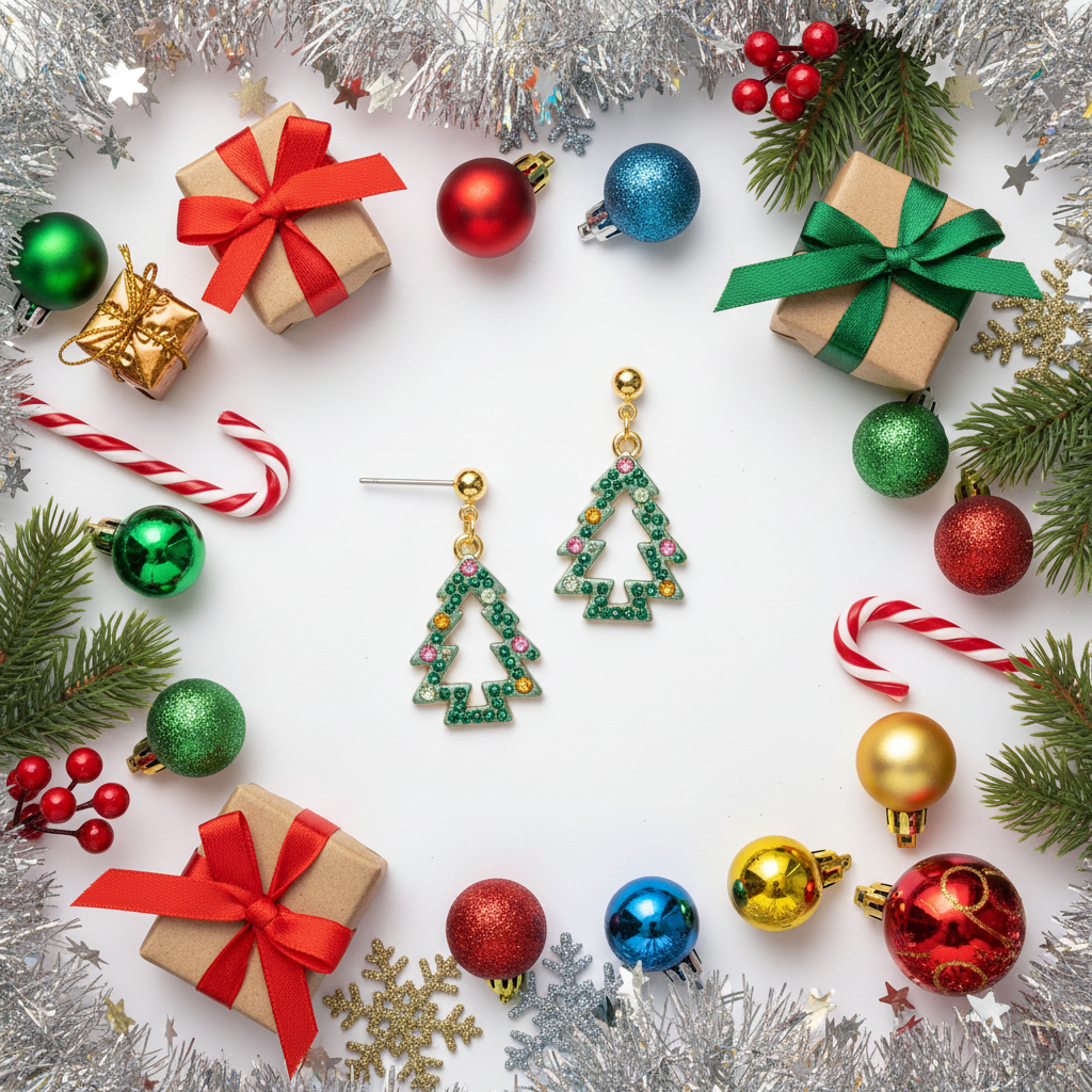 Christmas tree crystal earrings arranged with festive holiday props including wrapped gifts, pine branches, ornaments, and candy canes on white background
