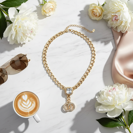 Chunky gold chain necklace with interlocking ring pendant flat lay with lifestyle props on marble surface