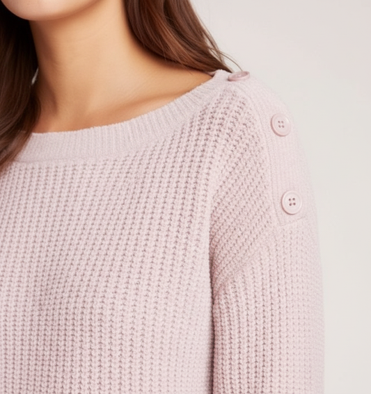 Close-up of pink chenille sweater ribbed knit texture with decorative button details on shoulder
