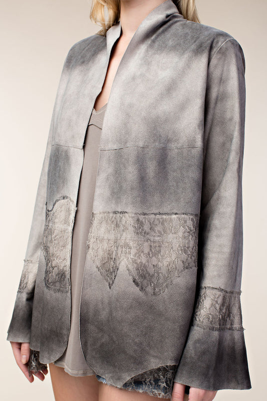 close up detail of Ombre Faux Suede Jacket with Lace Detail