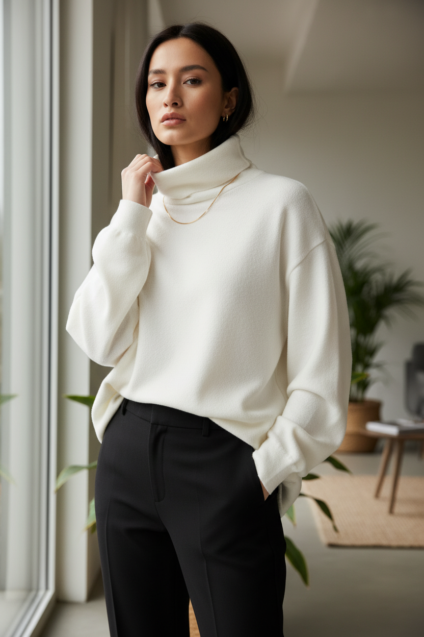 Woman wearing white oversized drop shoulder turtleneck sweater with relaxed fit