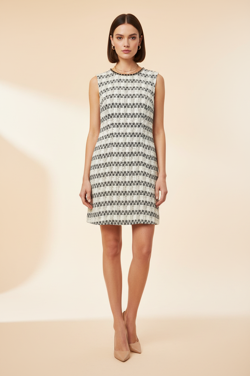 Woman wearing cream black and gold tweed shift dress with chain-trimmed jewel neckline and nude heels – Beulah boucle shift dress front view
