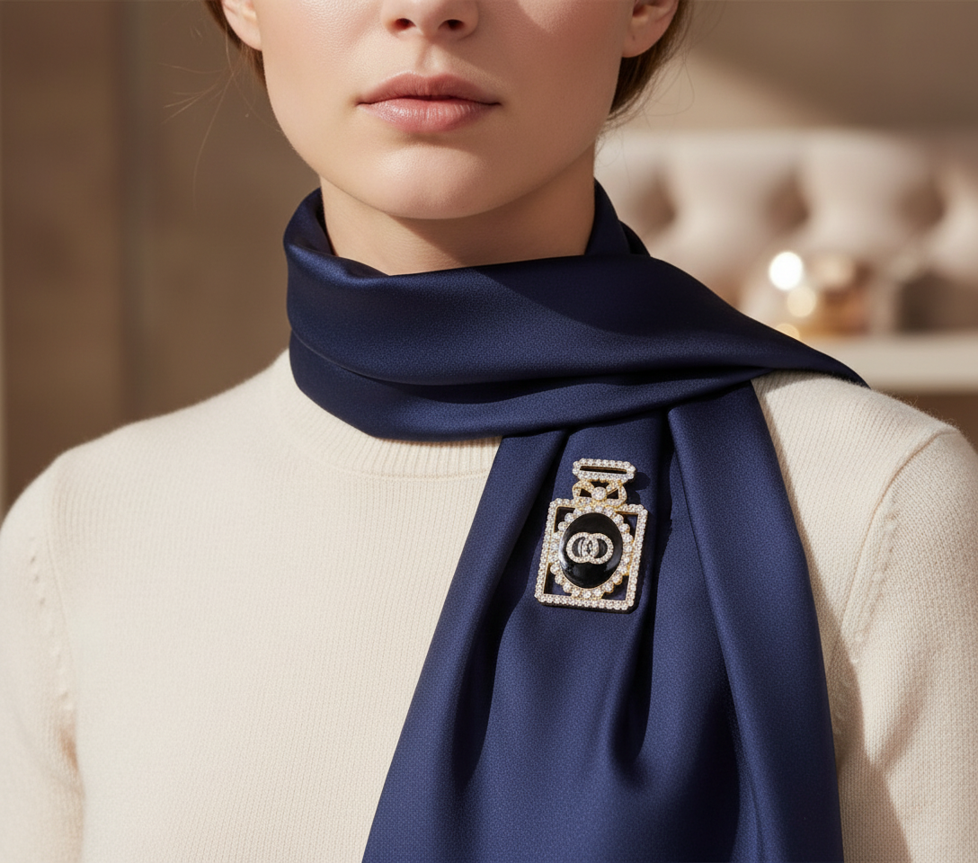Woman wearing crystal pavé perfume bottle brooch pinned on silk scarf - luxury statement jewelry styling inspiration