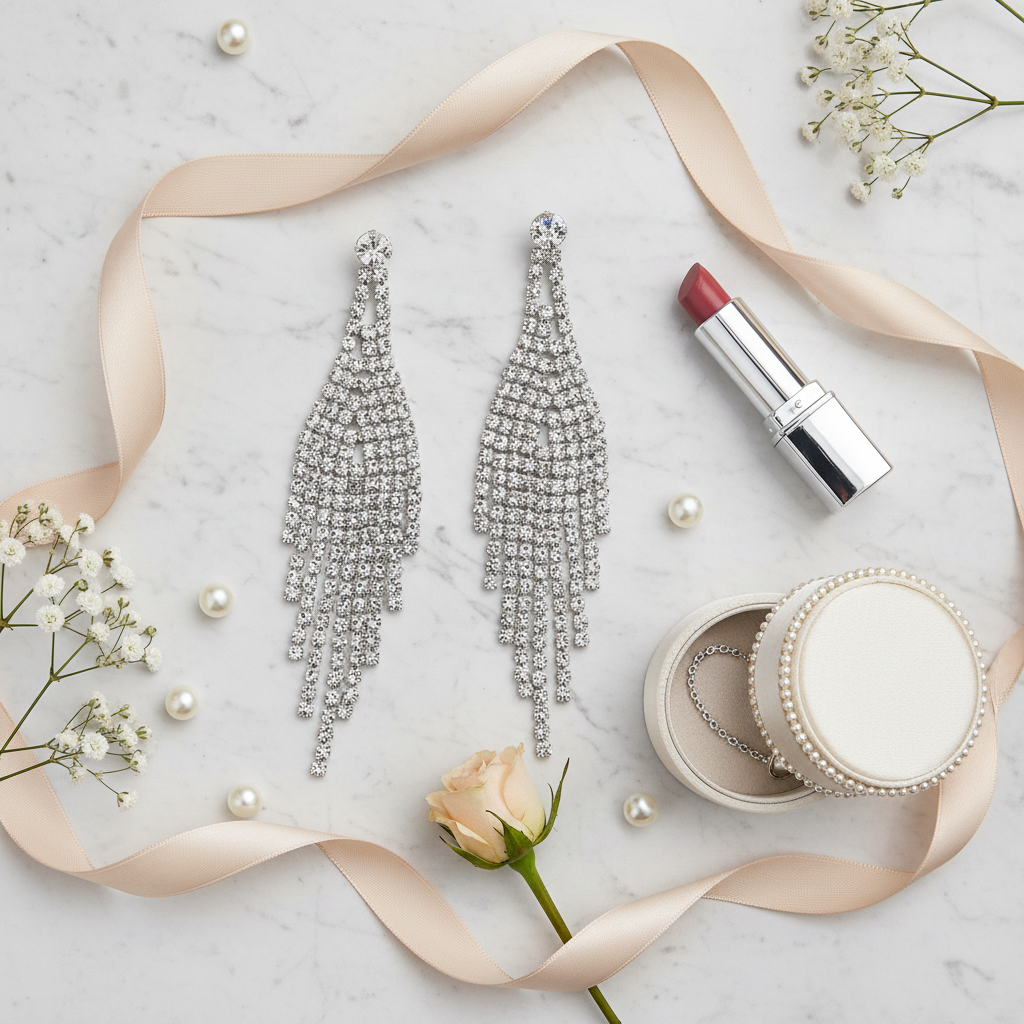 Luxury flat lay of 3-inch crystal rhinestone chandelier waterfall earrings on marble surface with lipstick and elegant accessories showing realistic scale and proportions