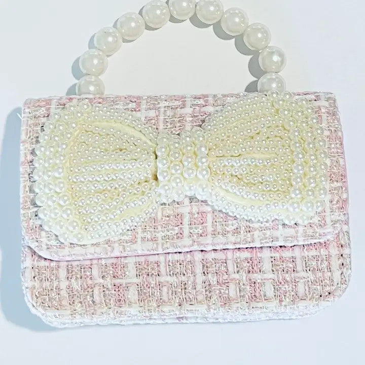 Girls' Pearl Bow Tweed Bag w/handle and chain strap