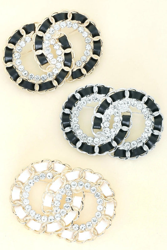 Woven Chain Rhinestone Pave Linked Circles Brooch Pin