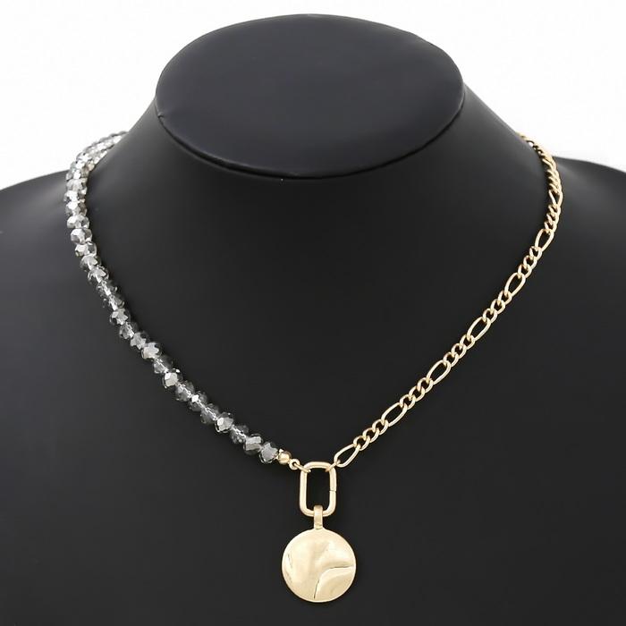 Glass Beaded Figaro Link Chain Hammered Metal Coin Pendant Necklace