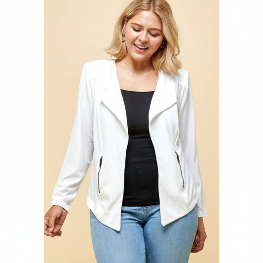 Plus size white draped open front jacket front view – women's curvy blazer with zipper pockets