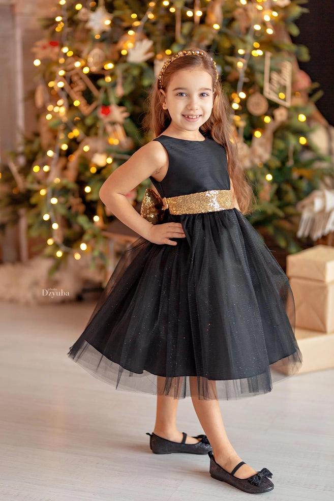 gold sequin dress with black bow Black Girls' Dress with Gold Sequin Bow Special Occasion 9-10