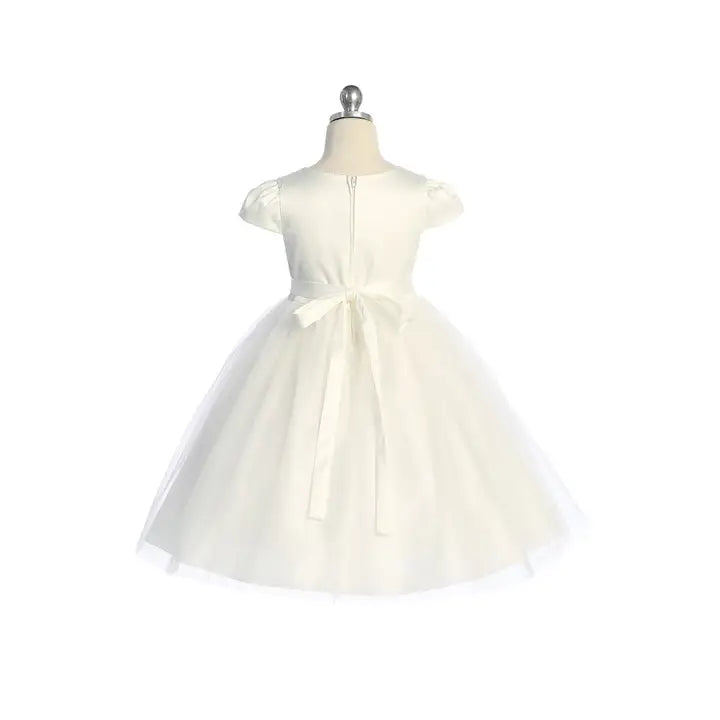 Girls ivory satin dress with rhinestone waist and tulle skirt - back view showing satin bow