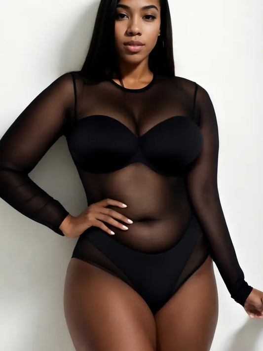 Sheer Mesh Long Sleeve Bodysuit - Plus Size Black See-Through Top