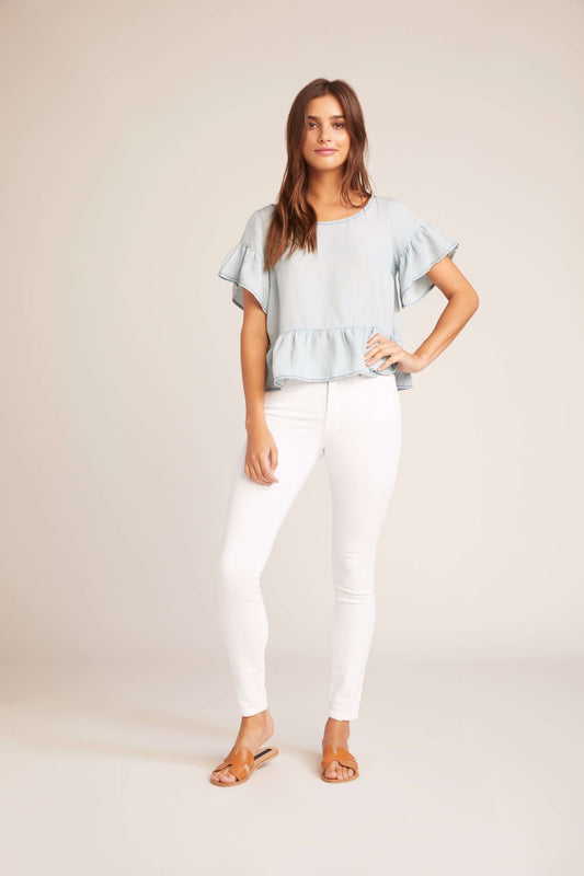 Chambray Ruffle Hem Flutter Sleeve Top
