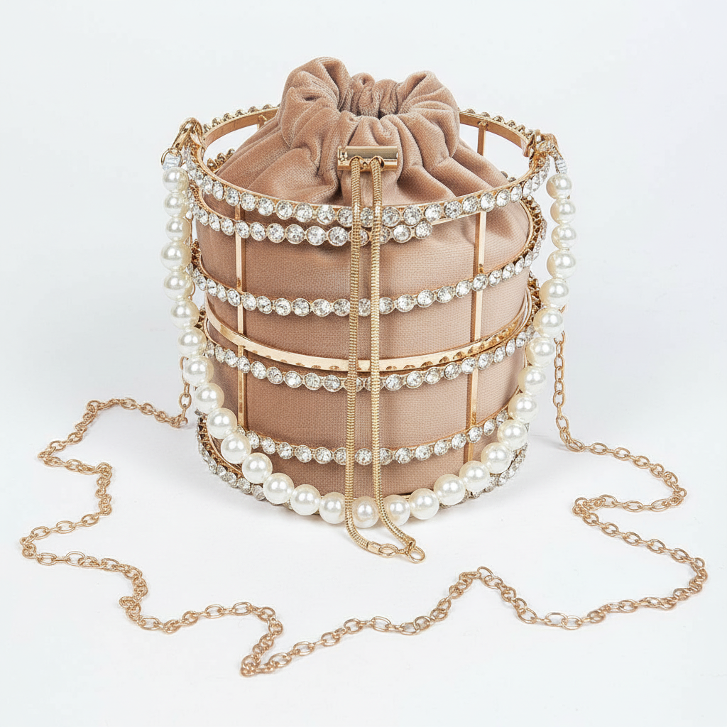 Rhinestone Pearl Cage Bucket Clutch - Gold Evening Bag