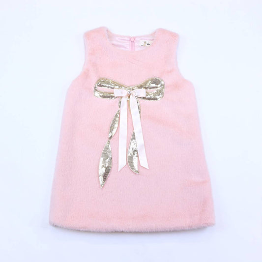 Girls' pink faux fur sleeveless dress with silver sequin bow and satin ribbon streamers on white background