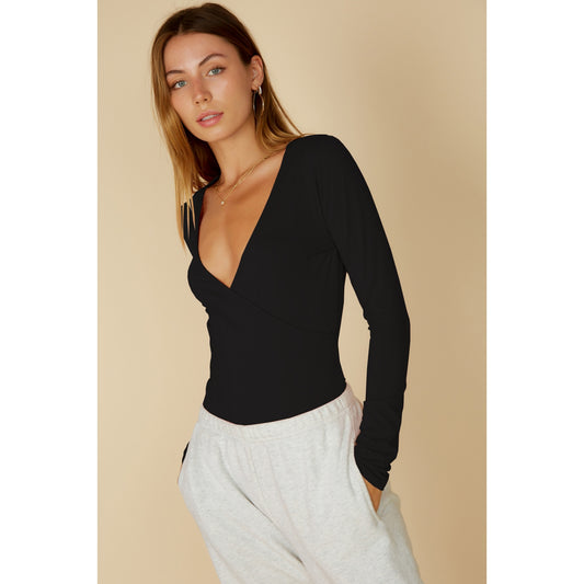 Surplice Long Sleeve Bodysuit Black