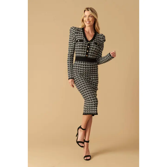 Black & White Boucle Knit Midi Dress - Long Sleeve V-Neck with Gold Buttons