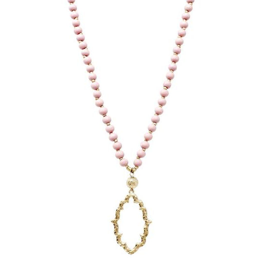 Vintage Frame Cutout Pendant Wood Beaded Long Necklace - Rose