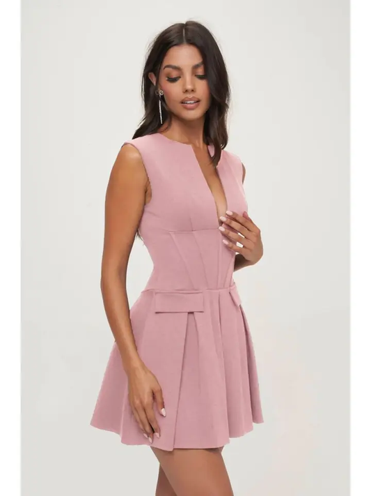 Deep V Corset Mini Dress - Mauve