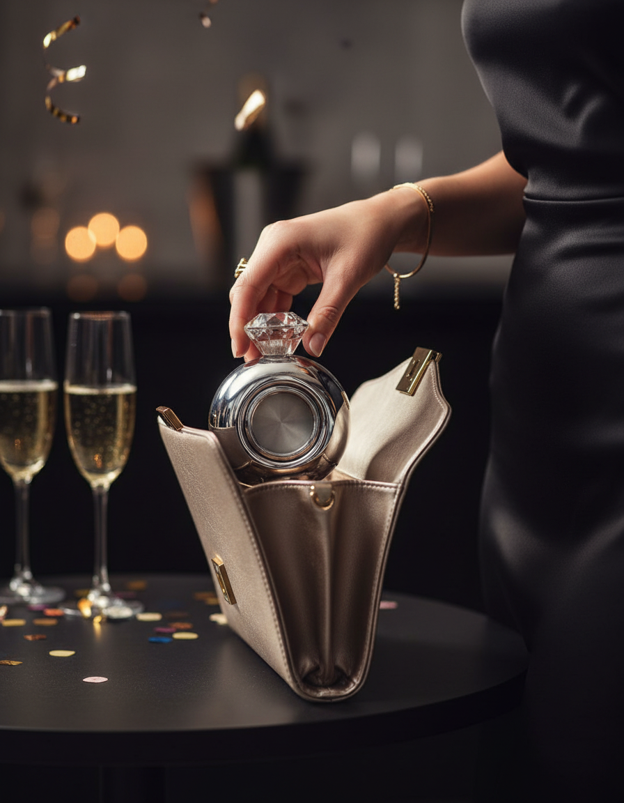 Woman pulling diamond ring flask from designer handbag at event