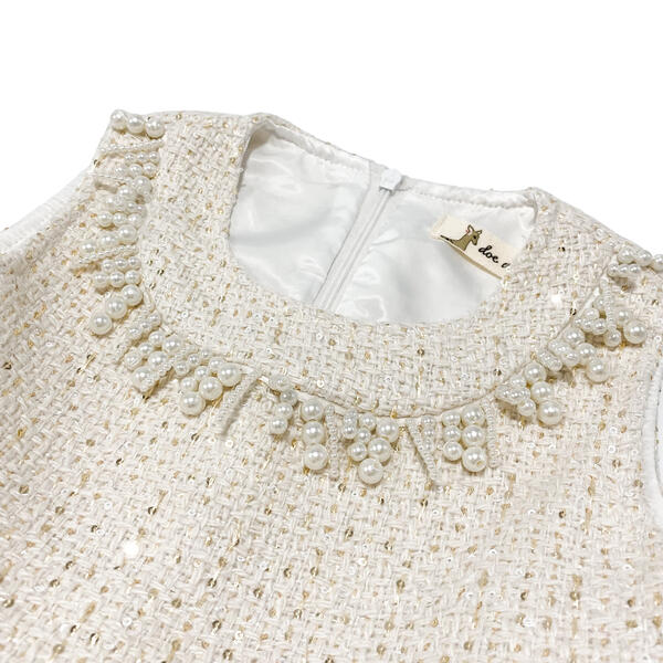 Girls' Pearl Trim Tweed Tulle Dress Ivory