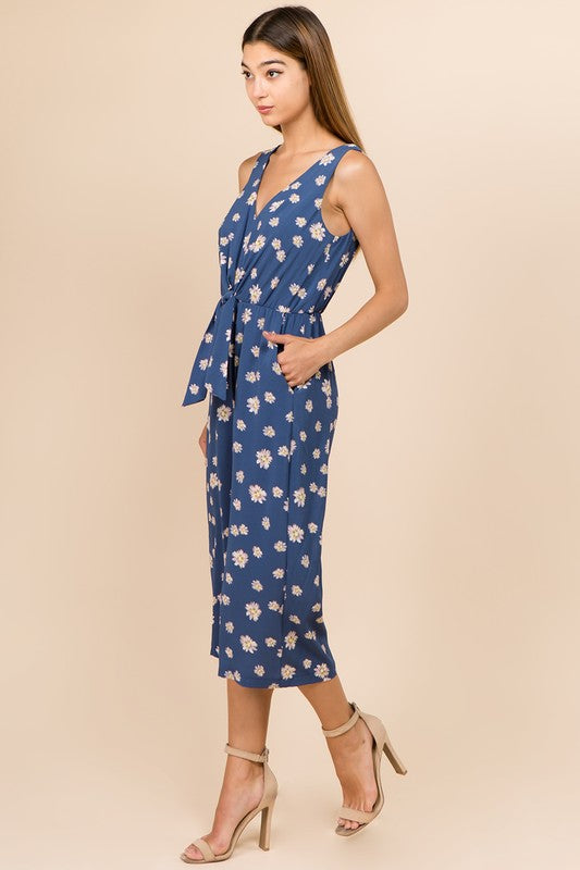 Blue Floral Sleeveless Tie-Front Jumpsuit – Wide-Leg Cropped Romper
