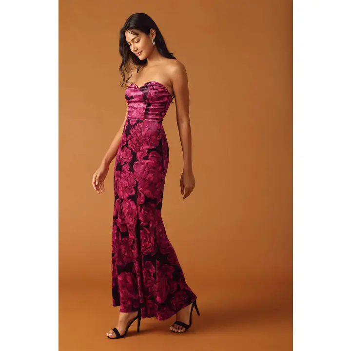 Strapless Floral Printed Velvet Maxi Dress