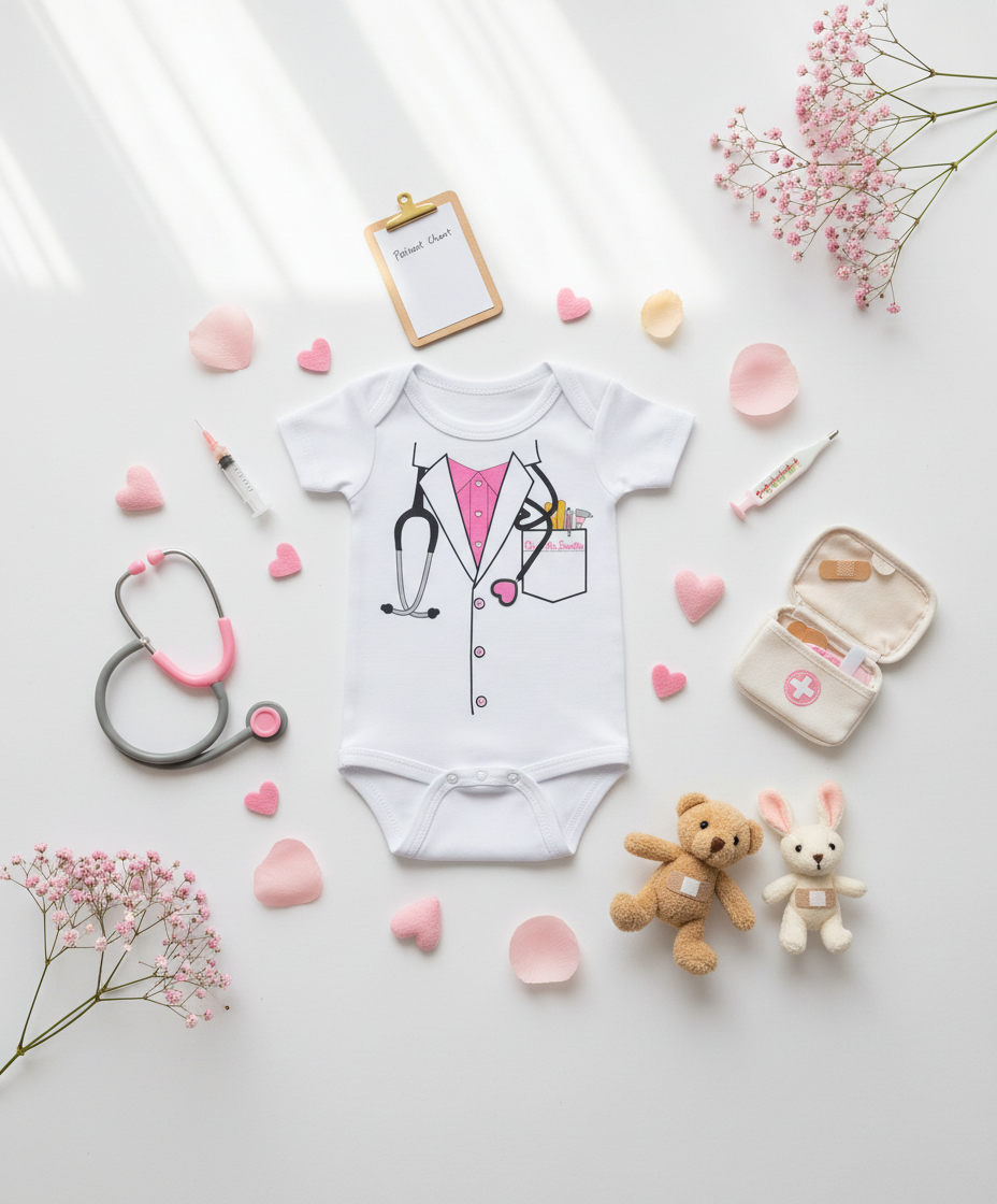White Dr. McSweetie baby onesie with pink lab coat graphic on white surface with toy stethoscope, medical kit, pink hearts, stuffed animals, and clipboard
