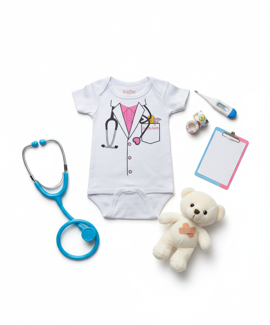White Dr. McSweetie baby onesie with doctor's coat design and stethoscope graphic, styled with toy stethoscope and medical props on white background