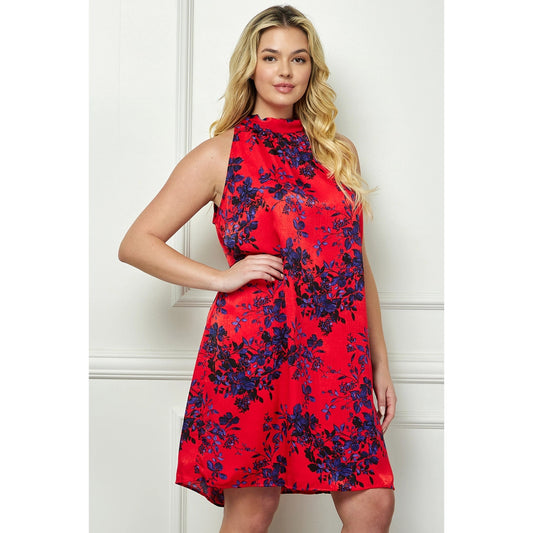 Navy & Red Floral Halter Swing Dress PLUS