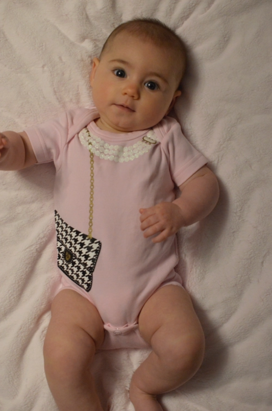 Houndstooth Purse Onesie Pink with Pearl Necklace 12-18 Months